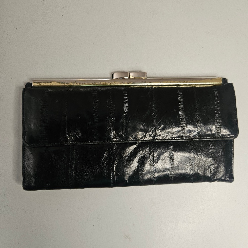 Vintage Serpendo Korea Black Eel Skin Leather Kiss Lock Clutch Wallet Tri-Fold